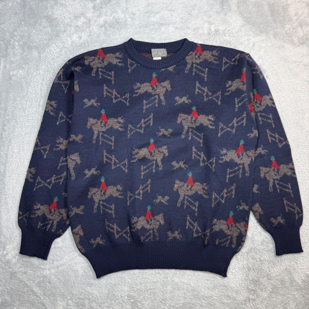 Vintage Lord & Taylor Sweater Mens M Blue Equestrian Horse Hunt Virgin Wool 80s
